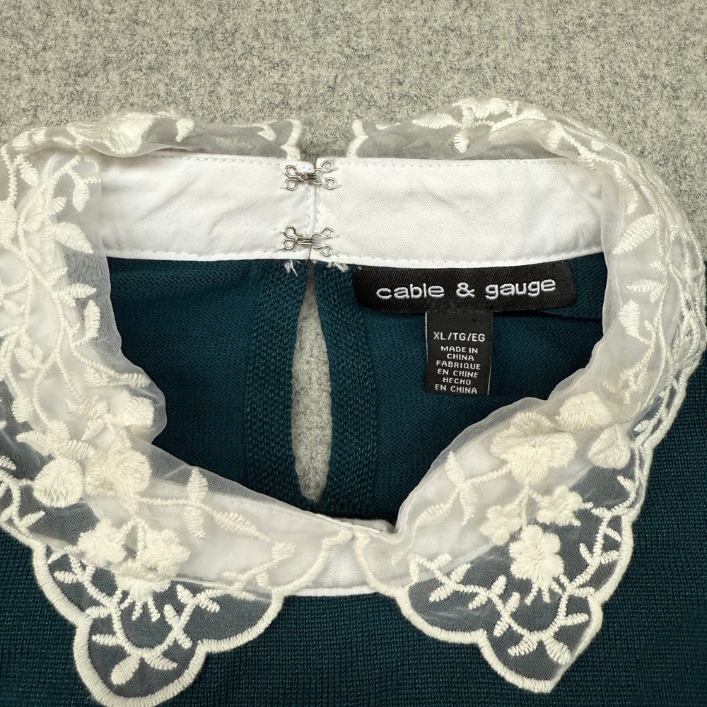 Cable & Gauge Sweater XL Teal Green Lace Peter Pan Collar Keyhole Back Knit Top - Picture 2 of 7